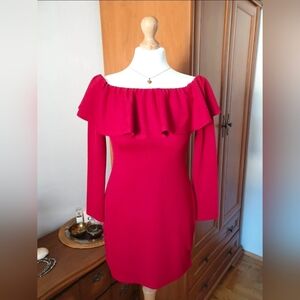 Off-Shoulder Ruffle Bodycon Dress Burgundy Red - S